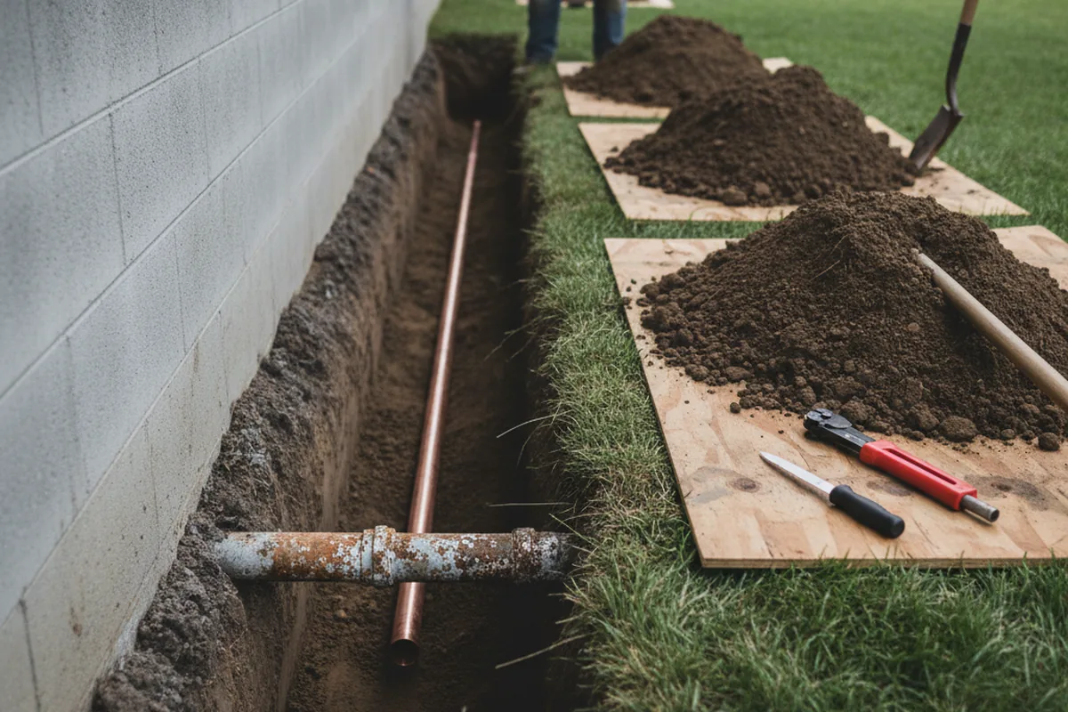 Excavated water line trench during Water Softener Installation in Lower Lake